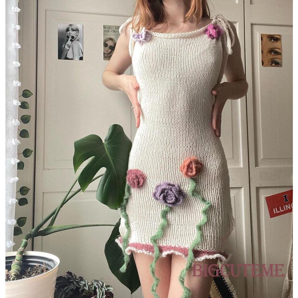 [] [] Đầm Dệt Kim Hai Dây Không Tay Thắt Nơ In Hoa Mùa Hè Cho Nữ