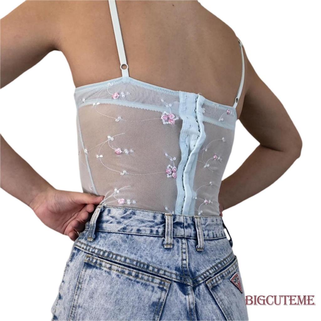 [] - Áo Hai Dây Phối Ren Thêu Hoa Nhìn Xuyên Thấu Thời Trang Mùa Hè Cho Nữ