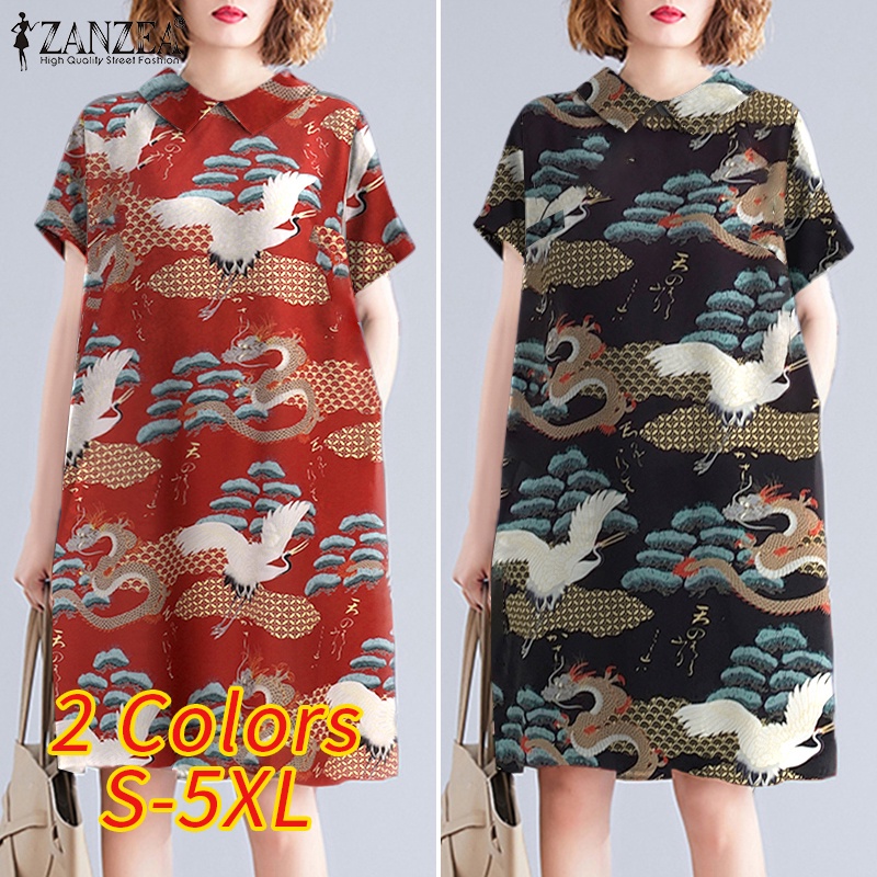 Zanzea Đầm Tay Ngắn Cổ Búp Bê In Họa Tiết Phong Cách Vintage Dành Cho Nữ