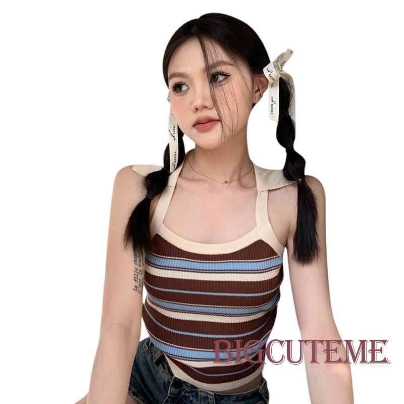 Áo Hai Dây Dệt Kim Họa Tiết Kẻ Sọc Đơn Giản Thời Trang Mùa Hè Cho Nữ