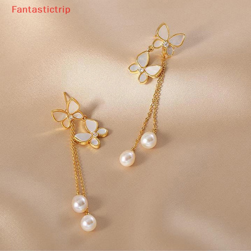 1 Đôi Bông Tai Dáng Dài Hình Bướm Đính Ngọc Trai Lãng Mạn Thời Trang Cho Nữ