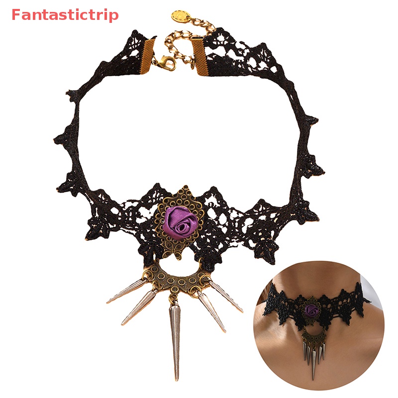[Fantastictrip] Vòng Cổ Choker Ren Hoa Đính Đinh Tán Phong Cách Gothic Cổ Điển Quyến Rũ Cho Nữ Mới