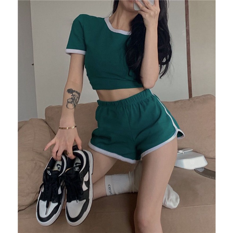 Set Áo baby tee Thun croptop Ngắn Tay + Quần Short Thể Thao Thời Trang Mùa Hè Cho Nữ