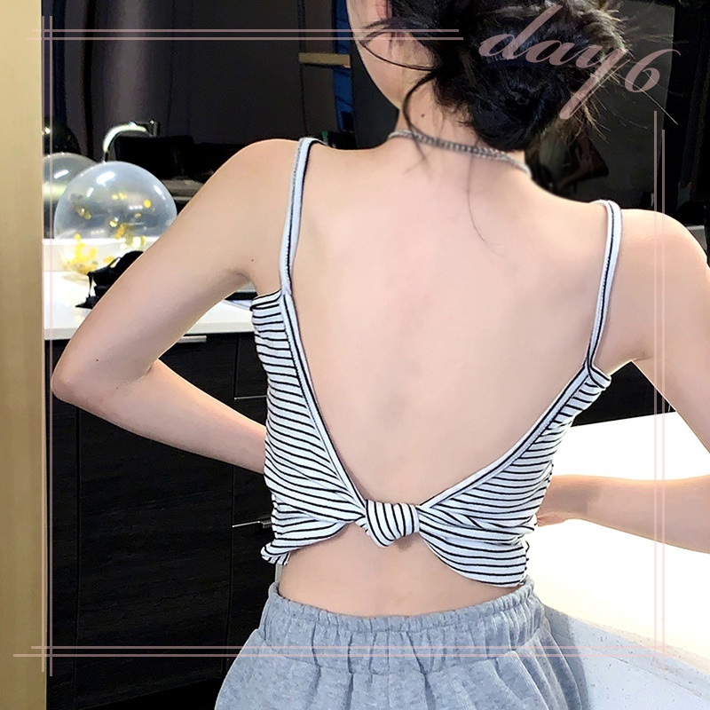 Áo Croptop Dệt Kim Sát Nách Hở Lưng Họa Tiết Kẻ Sọc Thời Trang Mùa Hè Phong Cách Hàn Quốc Cho Nữ