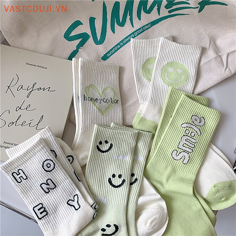 1 Đôi Tất Cotton Thoáng Khí In Hình Mặt Cười Và Chữ Đáng Yêu Cho Nữ
