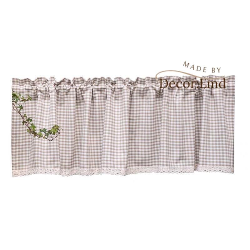 Rèm nhỏ, rèm che kệ bếp caro be vintage có viền ren ngà