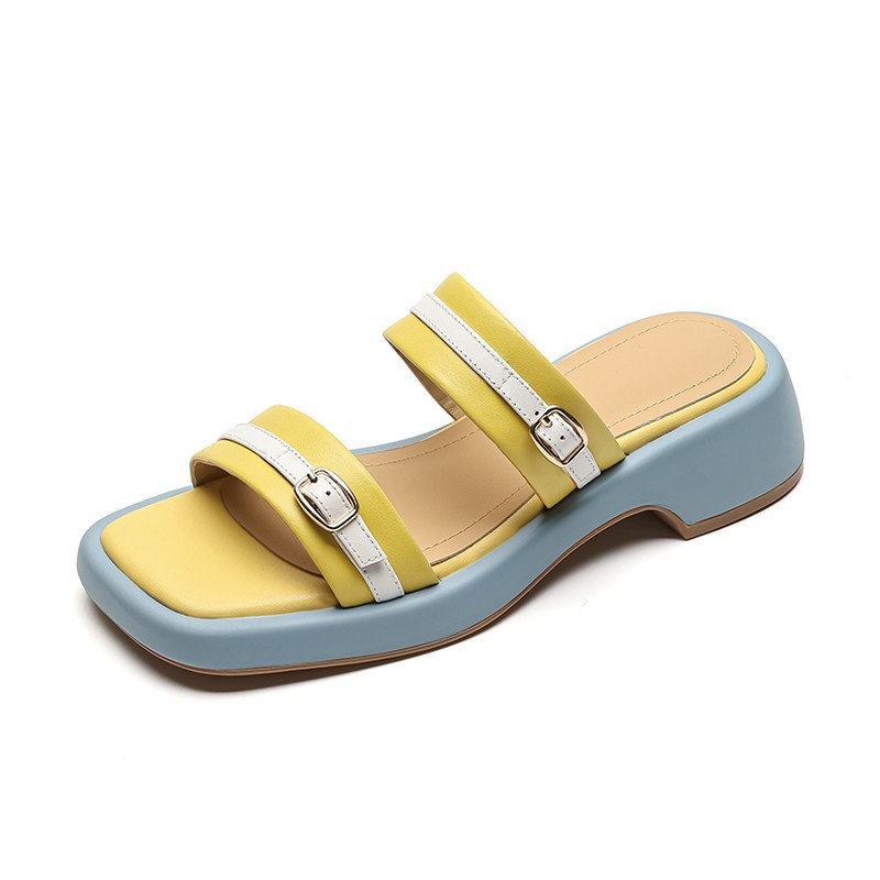 Tóc Thẳng Duoya ~ [Hàng Có Sẵn] Dép Da Mềm Đế Dày Vừa Vặn Màu Sắc Hình Vuông Thời Trang Xuân Hè