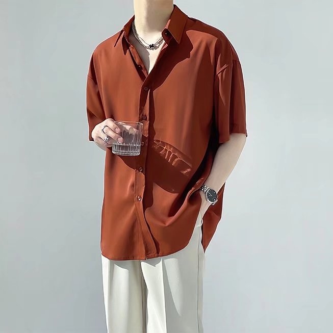 Áo Sơ Mi Ngắn Tay Dáng Rộng Màu Trơn Thời Trang Mùa Hè Hàn Quốc Dành Cho Nam