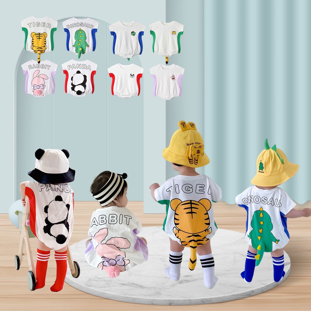 Áo Liền Quần Tam Giác Tay Ngắn Bằng Vải Cotton Trơn Mỏng In Họa Tiết Hoạt Hình Phong Cách Hàn Quốc Thời Trang Mùa Hè Dành Cho Bé Trai Gái
