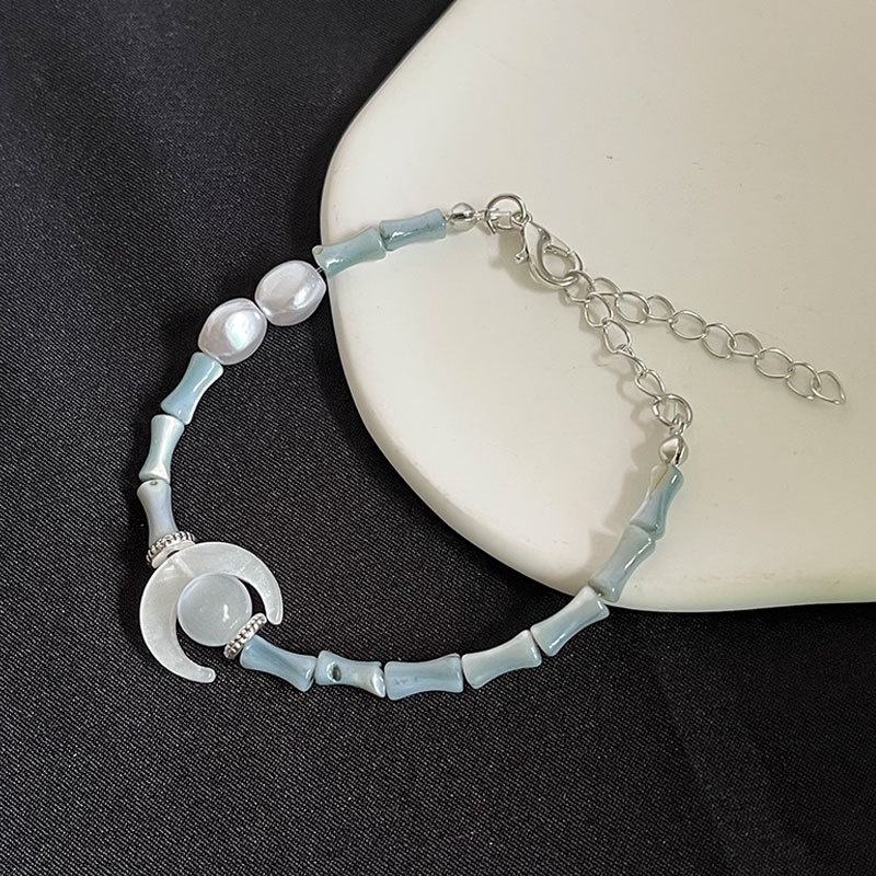 Vòng Đeo Tay Bằng Tre Đính Ngọc Trai Mặt Trăng Phong Cách Hàn Quốc Cổ Điển Dành Cho Nữ