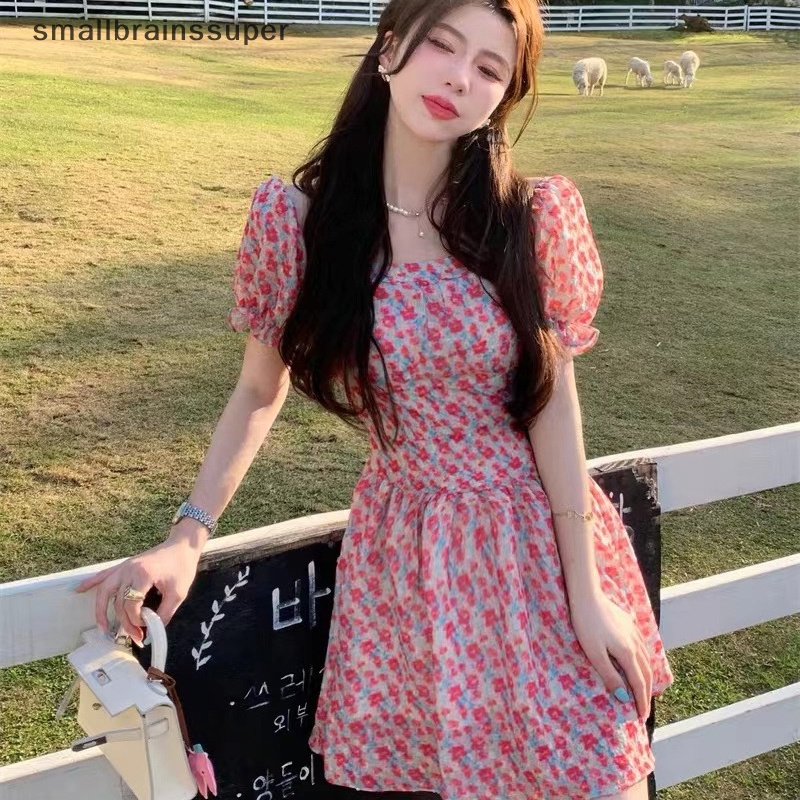 Đầm Chiffon Cổ Vuông Tay Phồng In Họa Tiết Hoa Thời Trang Mùa Hè Cho Nữ SBS