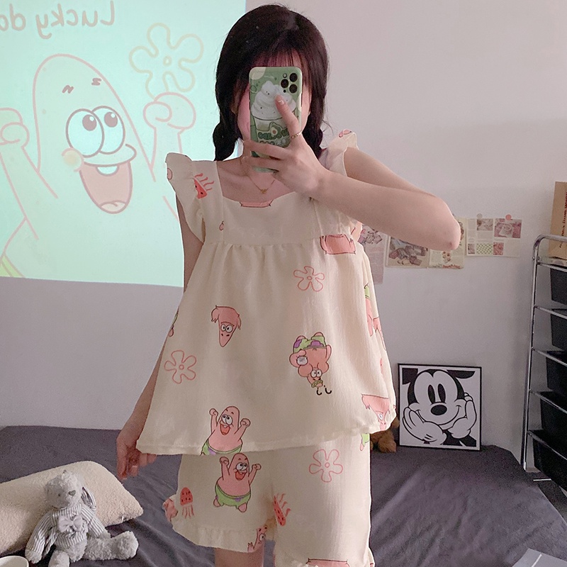 Bộ Đồ Ngủ Hai Mảnh Áo Hai Dây Phối Quần Short Phong Cách Công Chúa Ngọt Ngào Thời Trang Mùa Hè Mới Dành Cho Bạn Nữ