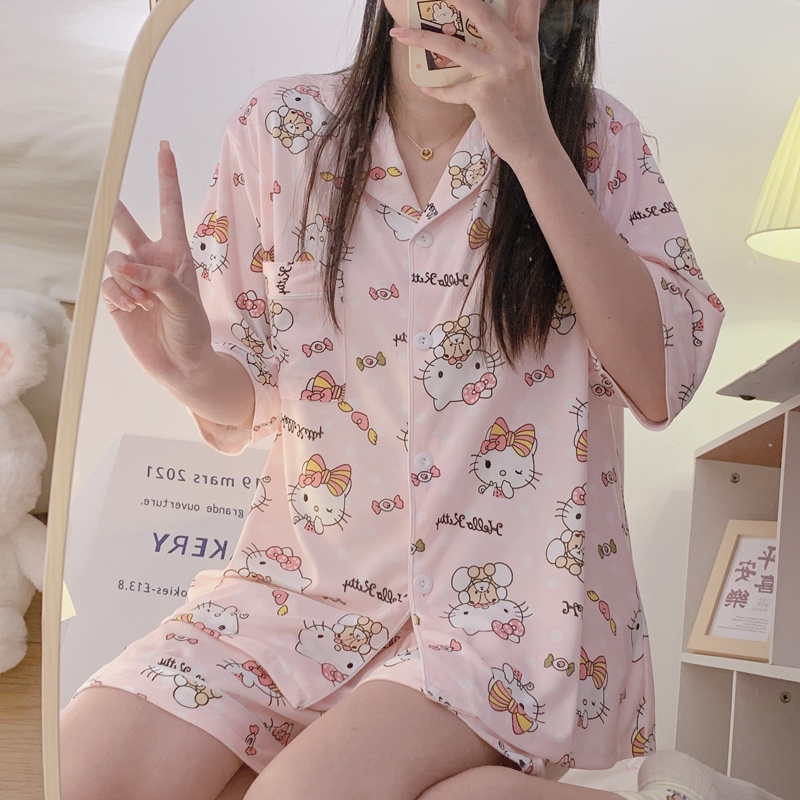 Bộ Đồ Ngủ Áo Tay Ngắn Phối Quần Short Dáng Rộng In Họa Tiết Hoạt Hình Thời Trang Mùa Hè Cho Nữ