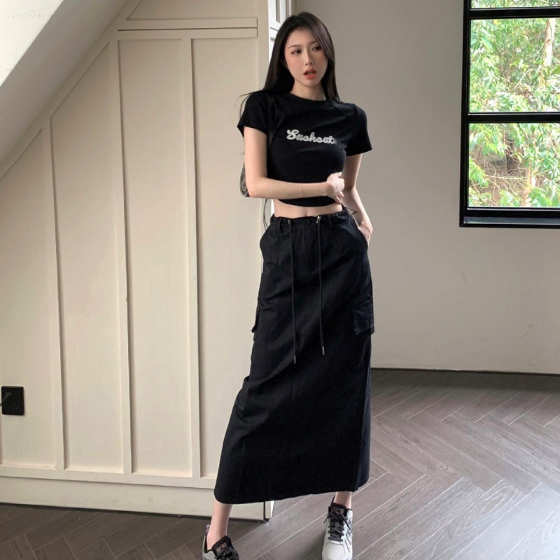 Bộ Áo Thun Ngắn Tay + Chân Váy Chữ A Lưng Cao Thời Trang Vintage Đơn Giản Cá Tính 2023