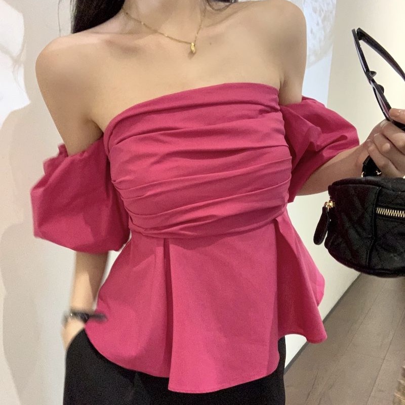 Cozok Áo Sơ Mi Tay Phồng Ngắn Xếp Ly Một Bên Vai Ôm Dáng Kiểu Vintage