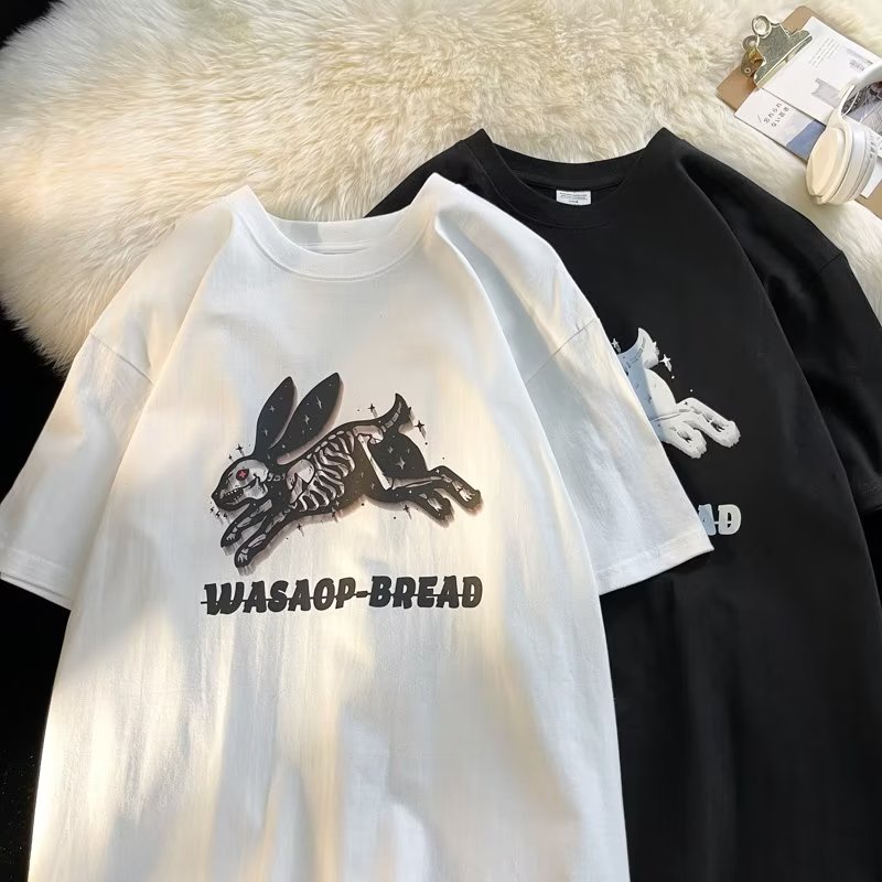 Áo Thun Cotton Tay Ngắn Dáng Rộng In Hình Thỏ Bông Màu Trơn Dễ Phối Đồ Thời Trang Mùa Hè Cho Nam Và Nữ
