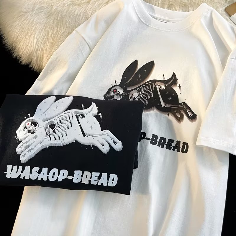 Áo Thun Cotton Tay Ngắn Dáng Rộng In Hình Thỏ Bông Màu Trơn Dễ Phối Đồ Thời Trang Mùa Hè Cho Nam Và Nữ