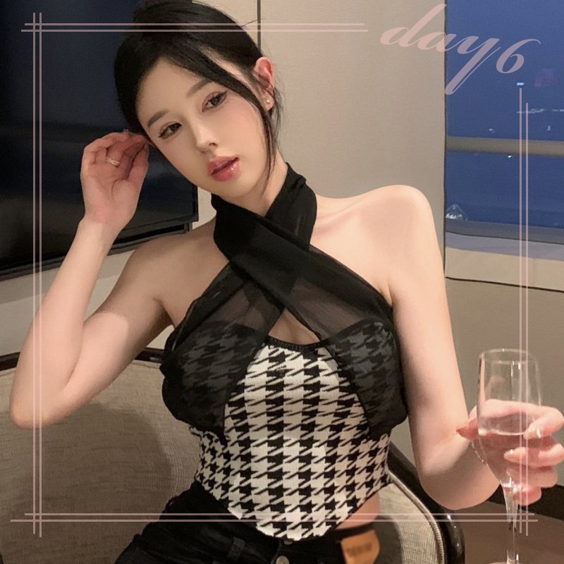 Áo Croptop Dệt Kim Phối Lưới Phong Cách Retro Cho Nữ