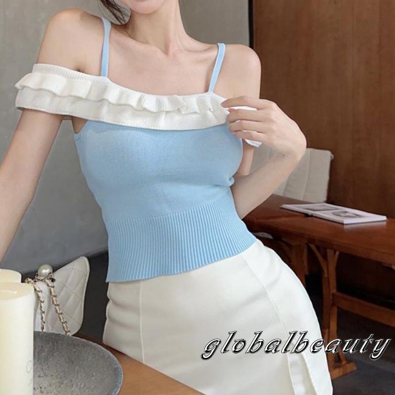 Áo Dệt Kim Không Tay Hở Vai Phối Bèo Nhún Thời Trang Mùa Hè Cho Nữ