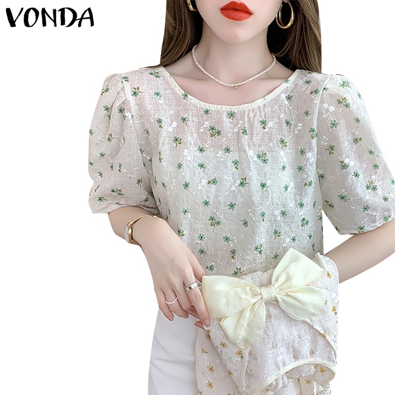 Áo thun VONDA tay phồng cổ tròn in họa tiết hoa phong cách Hàn Quốc thời trang cho nữ