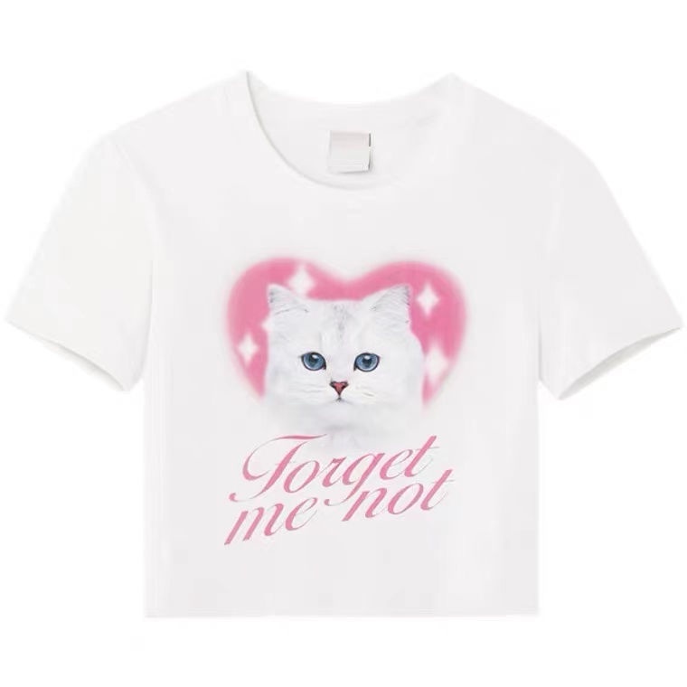 Áo baby tee Thun croptop nữ Ngắn Tay In Hình Mèo Phong Cách Retro Mỹ Thời Trang Mùa Hè Dành Cho Nữ