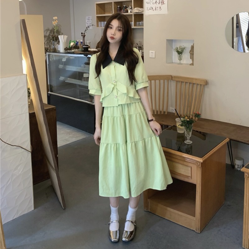 Set Áo Polo Cổ Bẻ Màu Tương Phản Phối Chân Váy Chữ A Lưng Cao Thời Trang Hè Hàn Quốc Cá Tính Cho Nữ