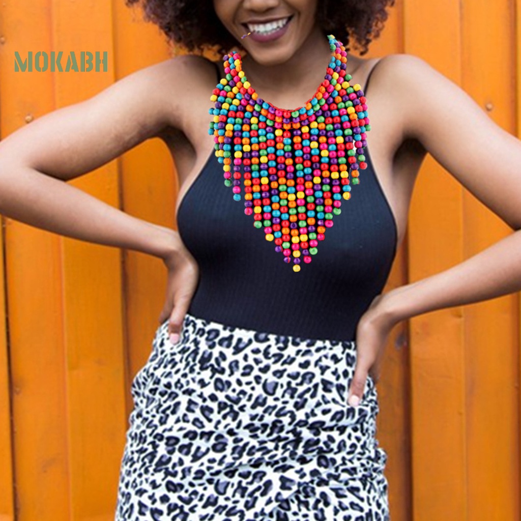 Vòng Cổ Nhiều Lớp Xỏ Hạt Gỗ Tua Rua Phong Cách Boho Cổ Điển Mới Cho Nữ