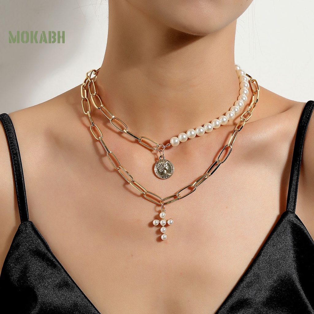 Vòng cổ Hai Lớp Đính Ngọc Trai Nhân Tạo Dây Hình Thánh Giá Có Thể Điều Chỉnh