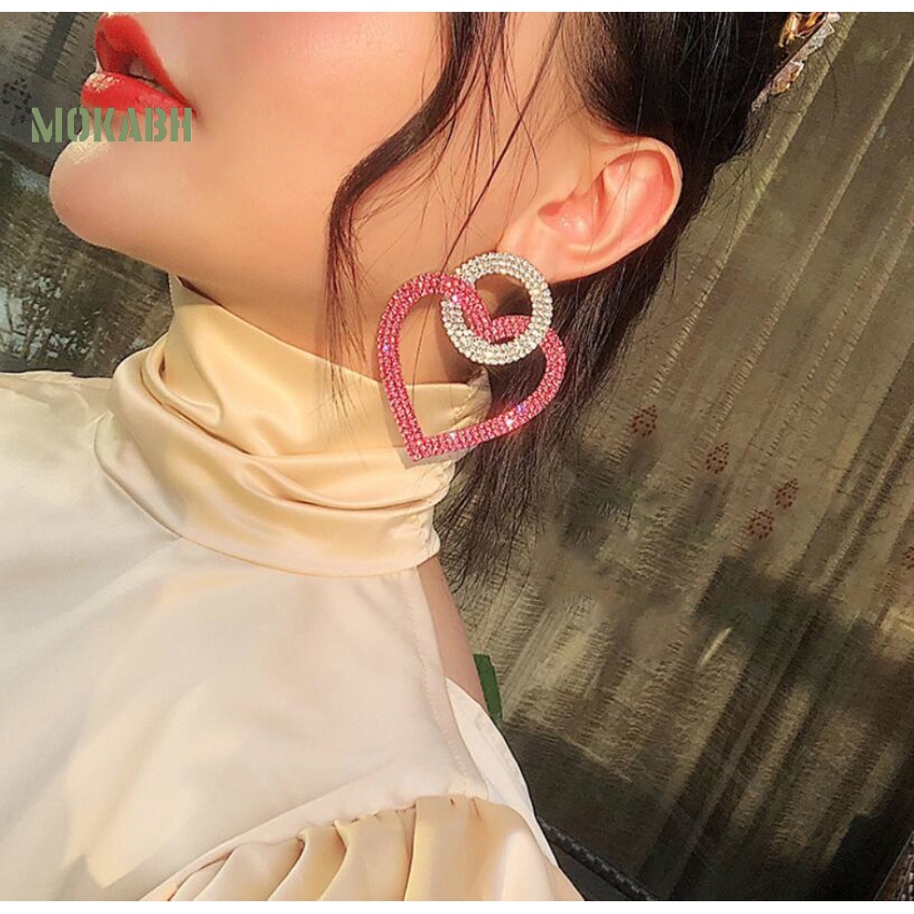 Bông Tai Hình Tròn Đính Đá Hình Trái Tim Thời Trang Dự Tiệc Cho Nữ