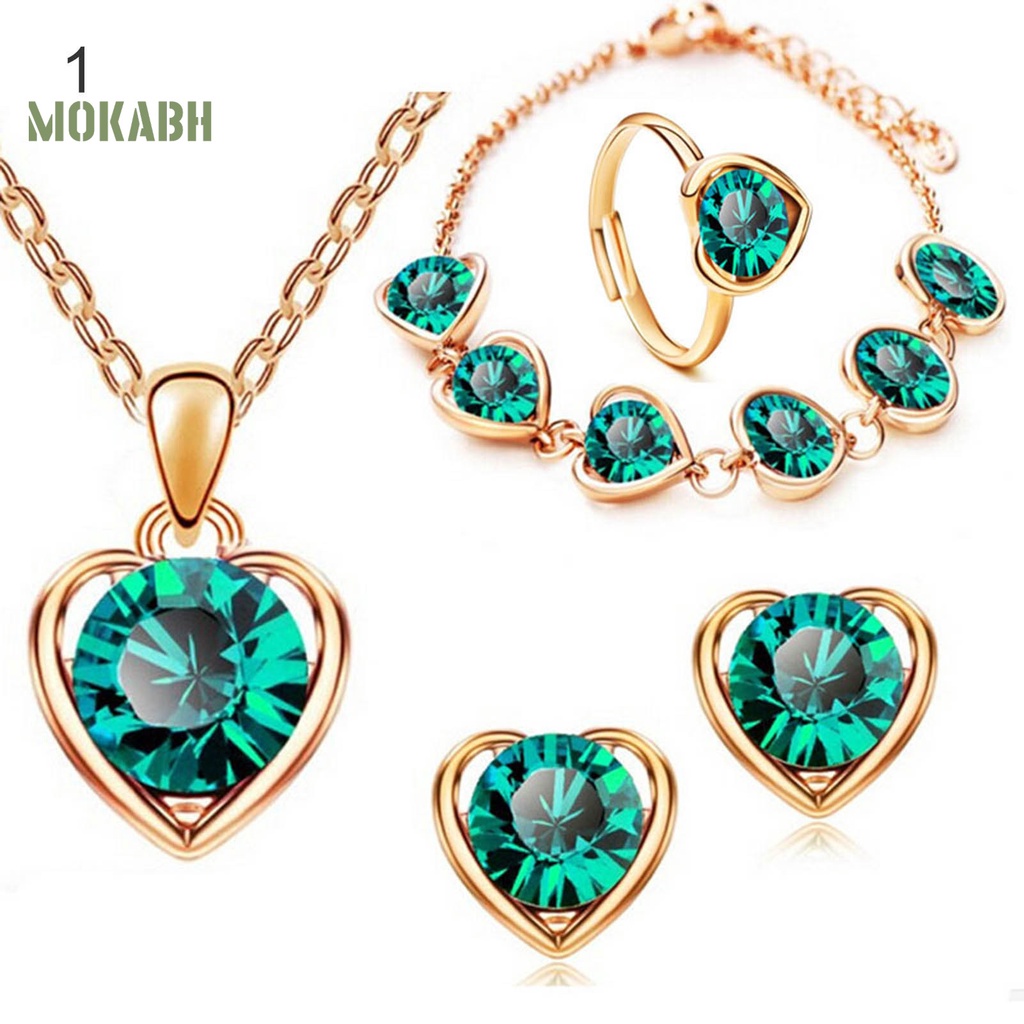 Set 4 Vòng cổ / Nhẫn / Khuyên Tai / Vòng Tay Hình Trái Tim Đính Đá Lấp Lánh Dễ Điều Chỉnh