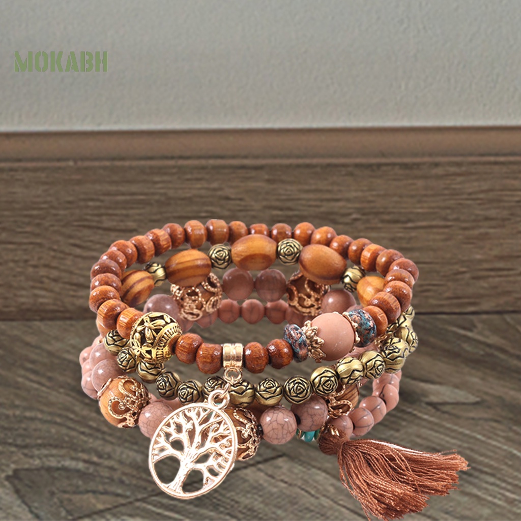 Bộ 4 Vòng Tay Chuỗi Hạt Gỗ Tua Rua Thời Trang Cho Nam Và Nữ