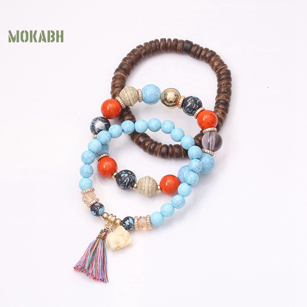 Bộ 3 Vòng Tay Chuỗi Hạt Gỗ Và Tua Rua Thời Trang Xinh Xắn