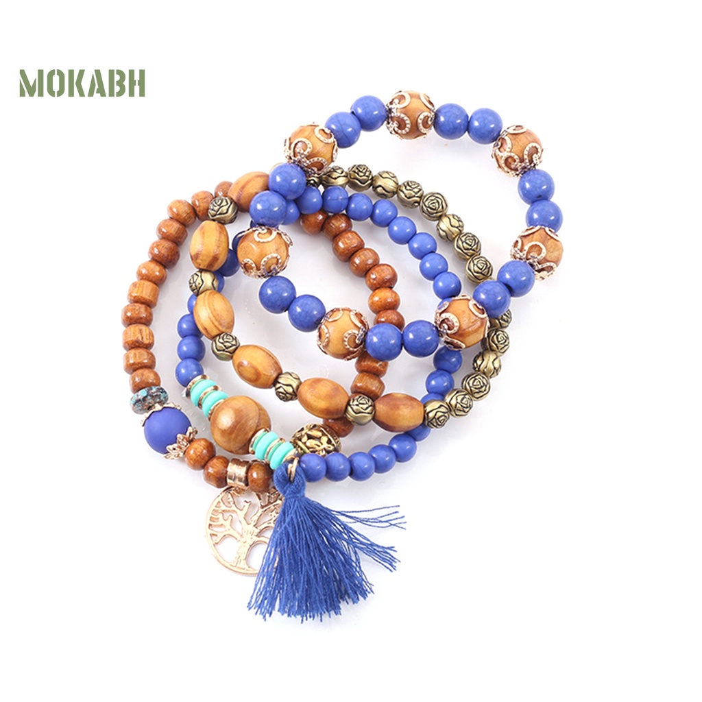 Bộ 4 Vòng Tay Chuỗi Hạt Gỗ Tua Rua Thời Trang Cho Nam Và Nữ