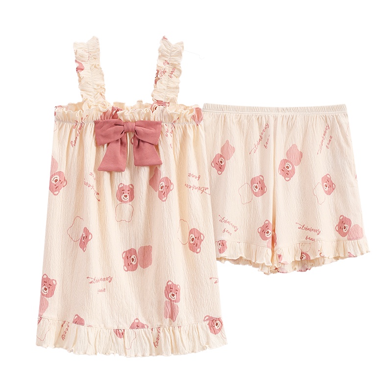 Bộ Đồ Ngủ Sát Nách Chất Liệu Da Mỏng Họa Tiết Gấu Và Dâu Tây Thời Trang Mùa Hè Cho