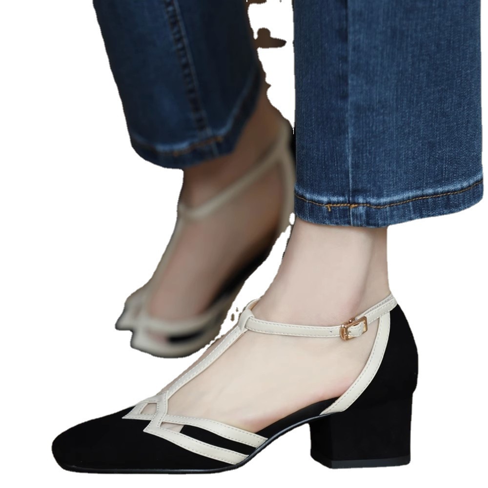 Duoya Tóc Thẳng ~ [Hàng Có Sẵn] Giày Sandal Xỏ Ngón Gót Dày Vừa Dây Buộc Rỗng Cho Nữ Miễn Phí Vận Chuyển