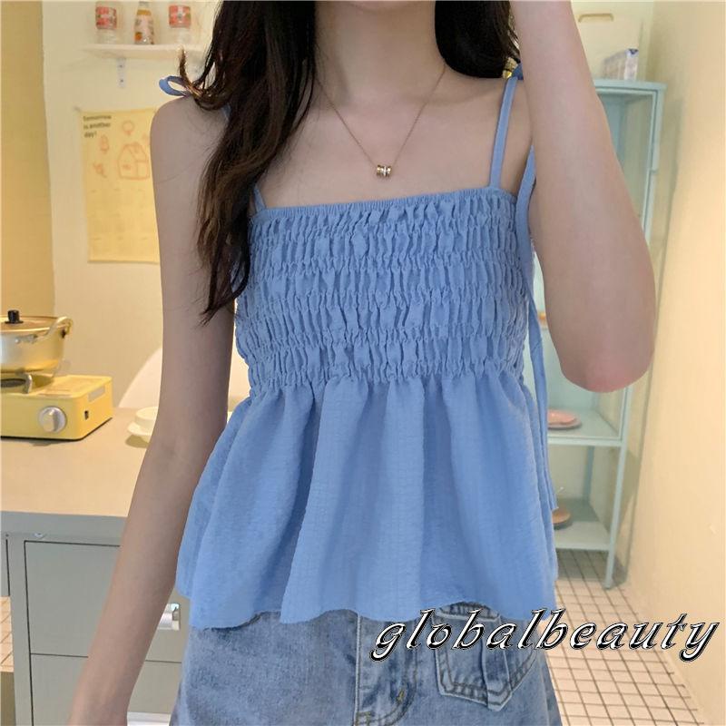 Áo Hai Dây Kiểu Xếp Ly Màu Trơn Thời Trang Mùa Hè Cho Nữ