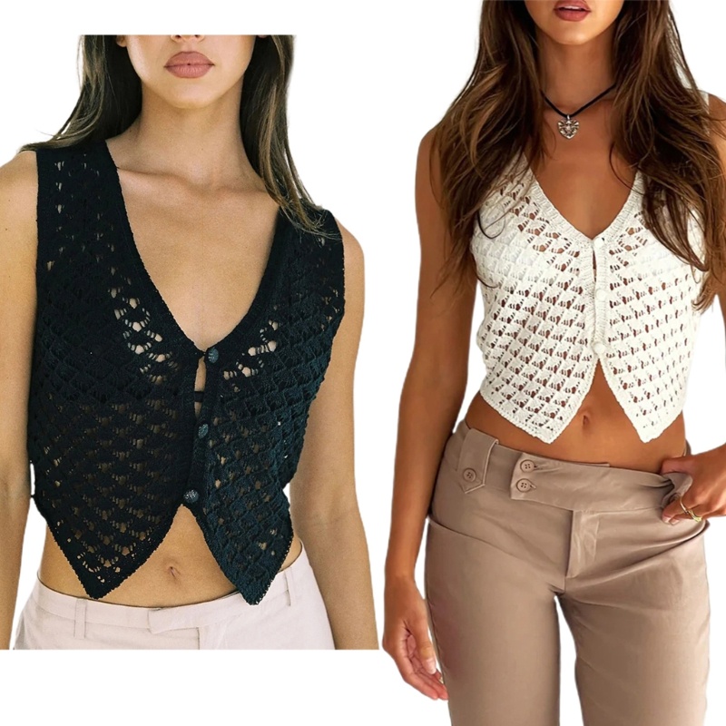 Xiangbao Áo Dệt Kim Không Tay Khoét Rỗng Y2K Màu Trơn Mặc Hàng Ngày Cho Nữ