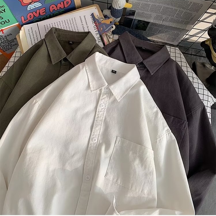 Áo Sơ Mi Tay Dài Dáng Rộng Cỡ Nhỏ Màu Trơn Thời Trang Cho Nam Và Nữ
