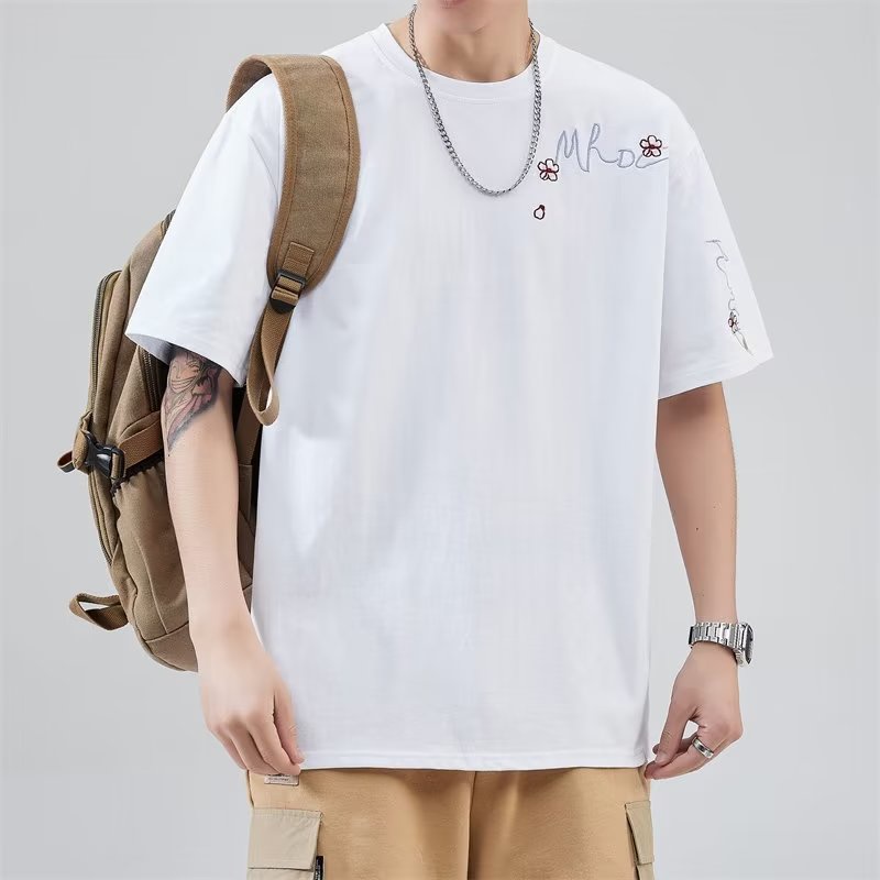 Áo Thun Cotton Ngắn Tay Dáng Rộng Thêu Hoa Nhỏ Kiểu Hàn Quốc Cho Nam
