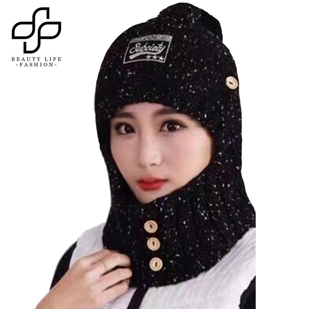 Nón Beanie Trùm Đầu Mùa Đông Co Giãn Màu Trơn Đính Nút Trang Trí Bảo Vệ Tai Cho Nữ