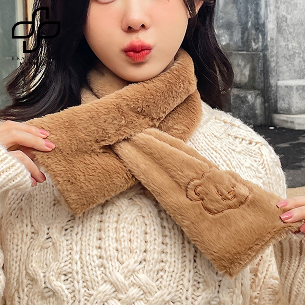 Bộ 2 Món Găng Tay + Khăn Choàng + Găng Tay + Găng Tay Lông Xù Dày Dặn Thêu Họa Tiết Gấu Màu Trơn Thời Trang