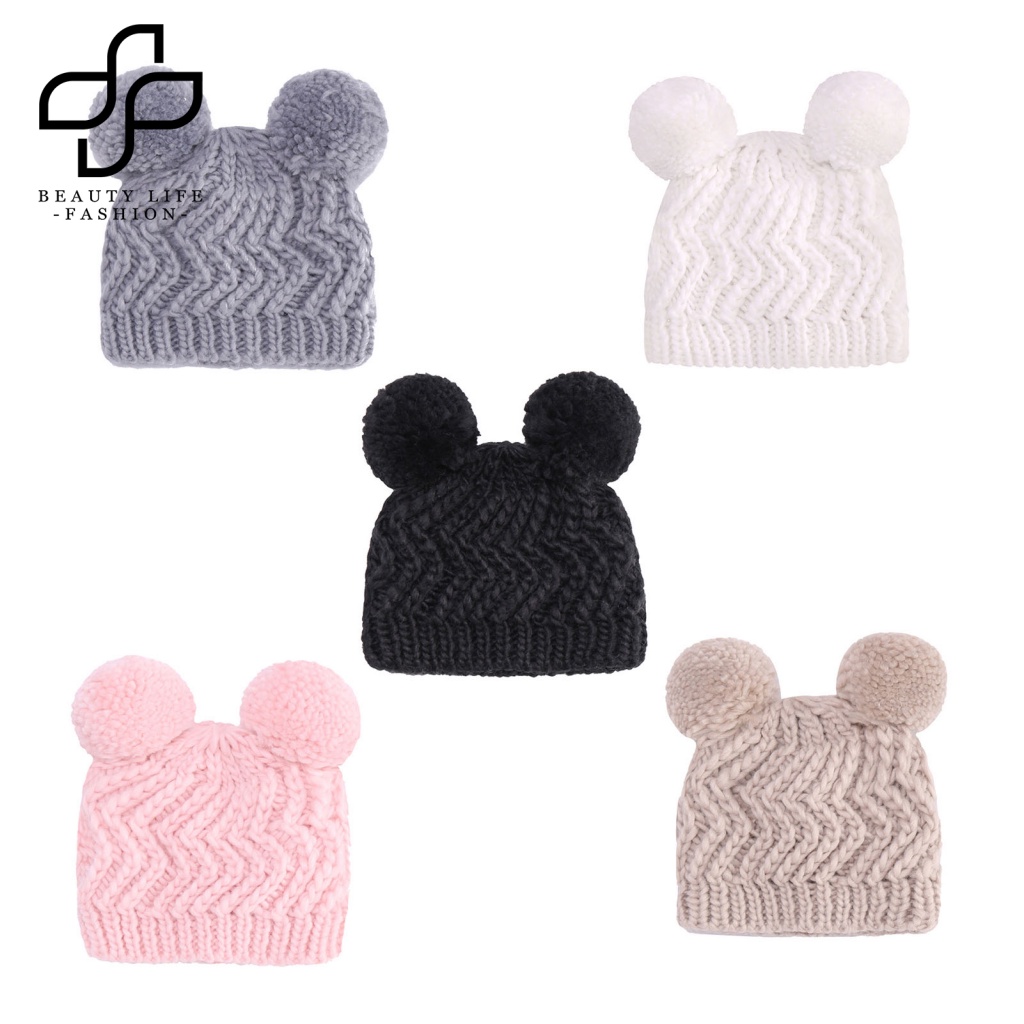 Beautylife Mũ Len Beanie Dệt Kim Dày Dặn Co Giãn Đính Hai Quả Bông Màu Trơn Thời Trang Thu Đông Dành Cho Bé Trai Bé Gái