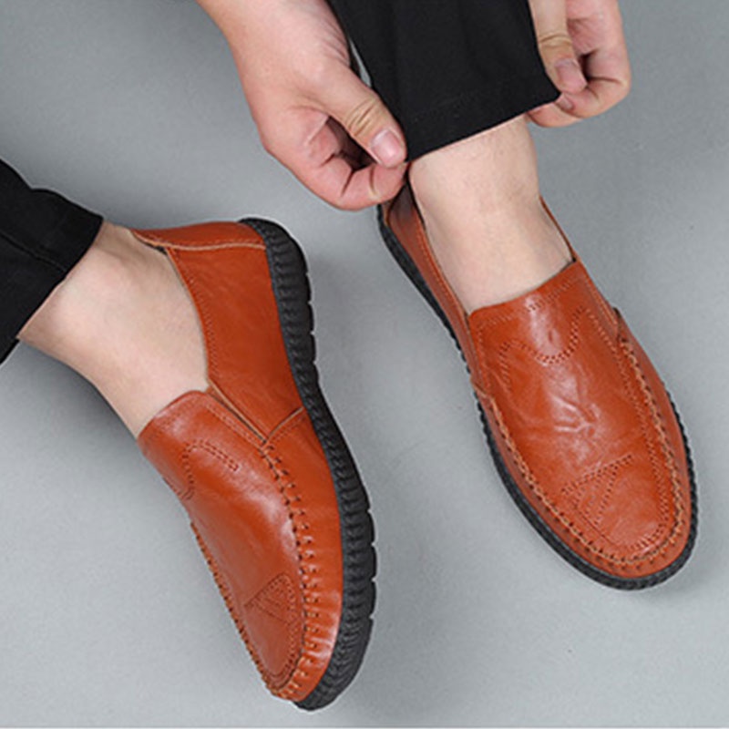 SHANMUSENLIN☘️Giày Lười Bằng Da Nhẹ Thoáng Khí Chống Trượt Phong Cách Hàn Quốc Cho Nam
