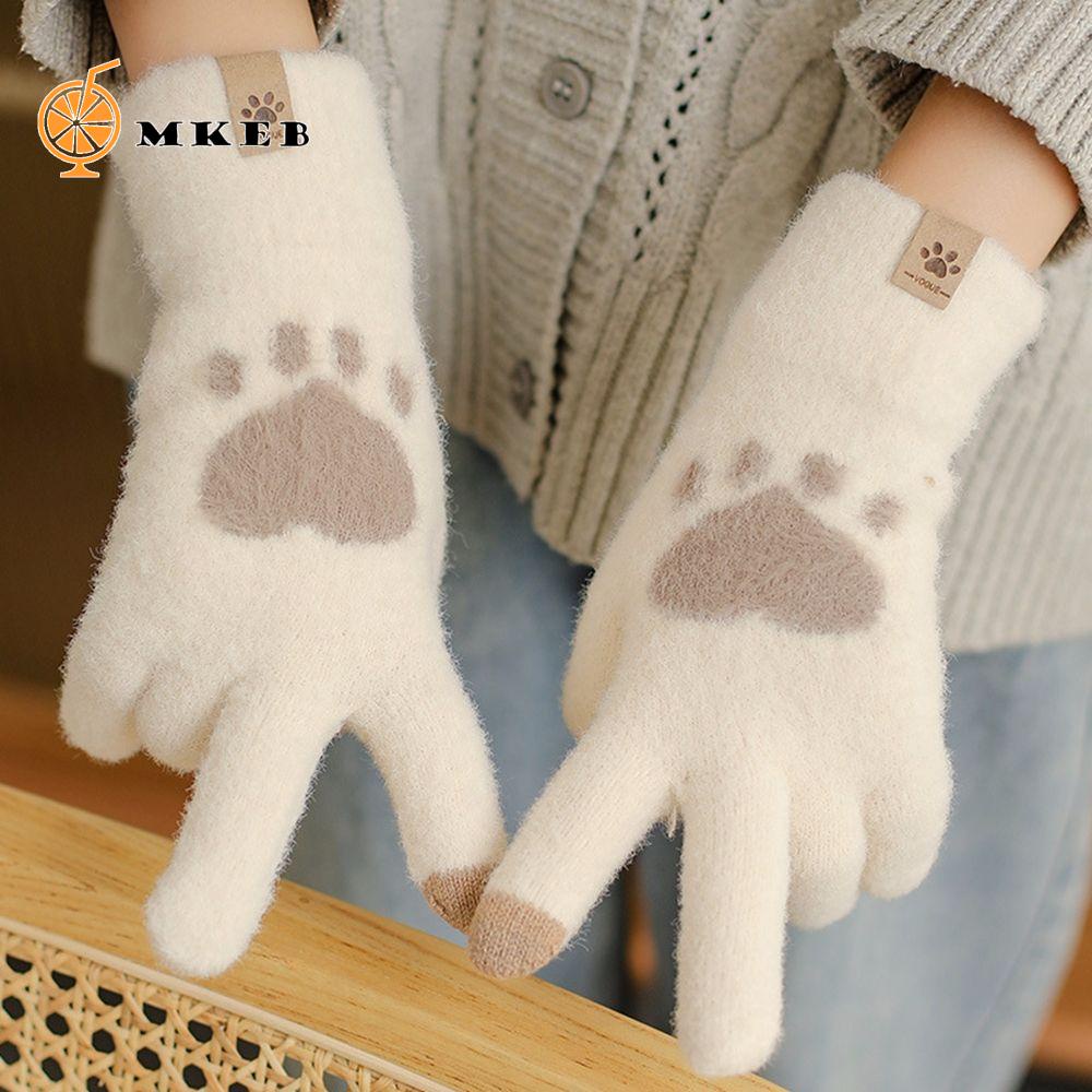 Găng tay vải len dày co giãn mềm mại họa tiết dấu chân mèo nhiều màu sắc dùng được màn hình cảm ứng