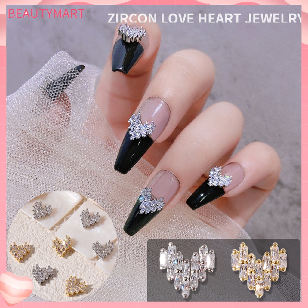 Set 5 Phụ Kiện Trang Trí Móng Tay Hình Trái Tim Đính Đá Zircon