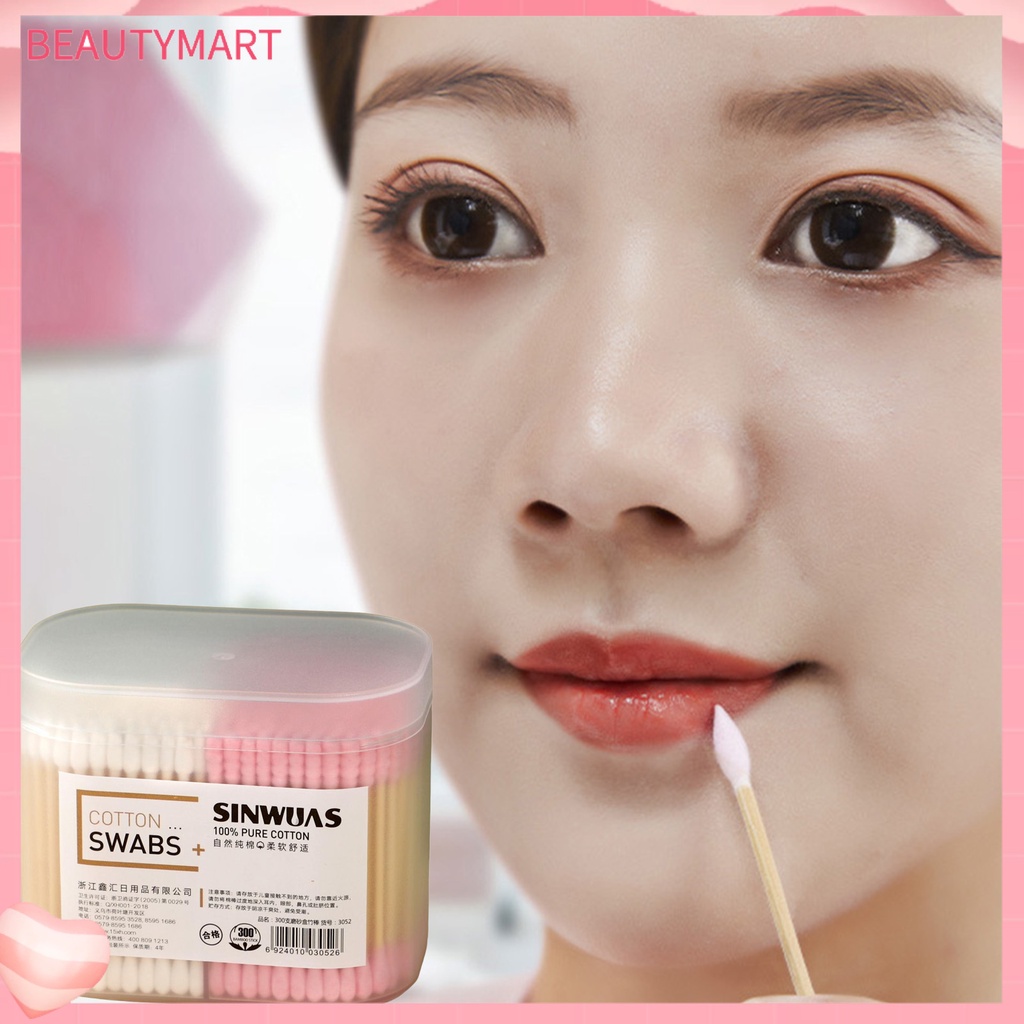 1 Hộp 200 / 300 Tăm Bông Trang Điểm Đầu Tròn Mềm Mại Đa Năng Không Mùi