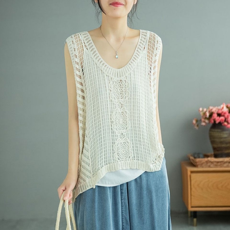 Áo Dệt Kim Cotton Cổ Yếm Không Tay Dáng Rộng Thoáng Khí Thêu Họa Tiết Thời Trang Mùa Hè Mới 2023