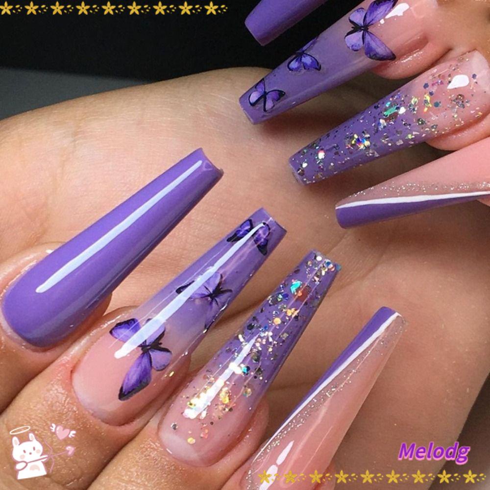 Bộ 24 Móng Tay Giả Hình Bướm Màu Tím Che Phủ Toàn Diện