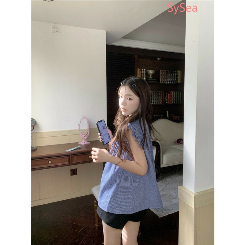 Áo Kiểu Tay Phồng Họa Tiết Sọc Caro Phong Cách Retro Pháp