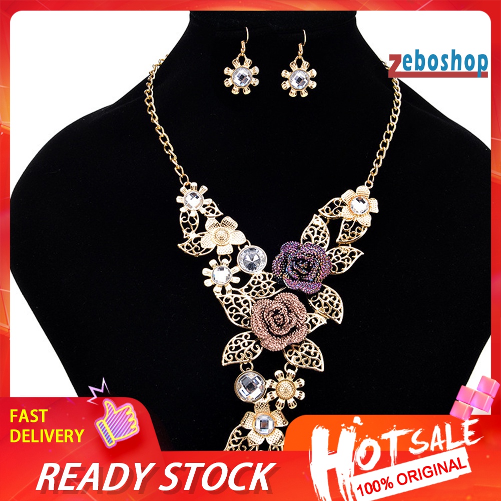 Bộ Vòng cổ + Bông Tai Đính Đá Hình Hoa Lá Thời Trang Cho Nữ